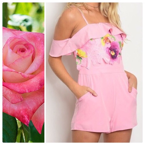 Pants - *CLEARANCE* Rose Pink & Floral Off Shoulder Romper